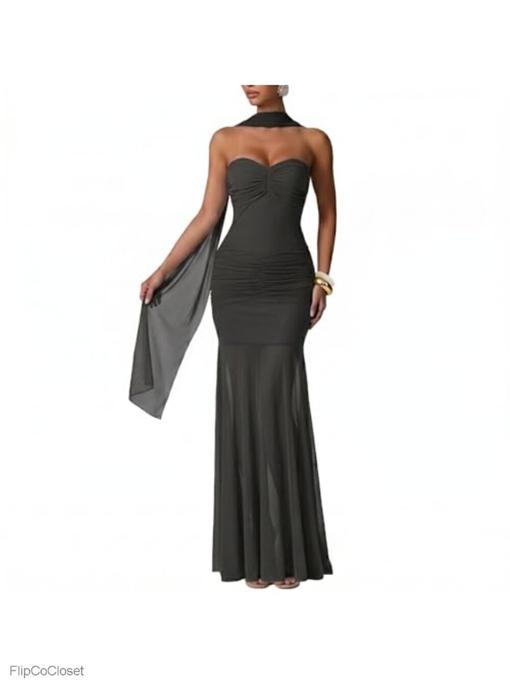 Strapless Ruched Mermaid Maxi Dress with Attached Mesh Scarf